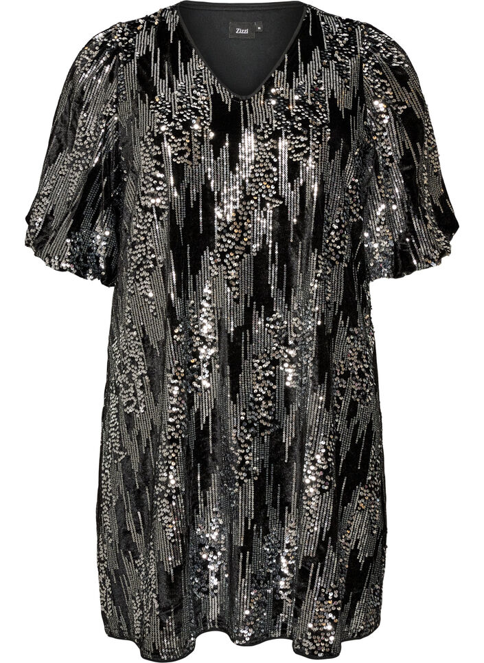 Short sequin dress with balloon sleeves, Black, Packshot image number 0