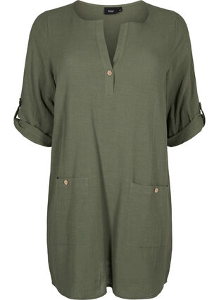 3/4 sleeve cotton blend tunic with linen, Thyme, Packshot image number 0