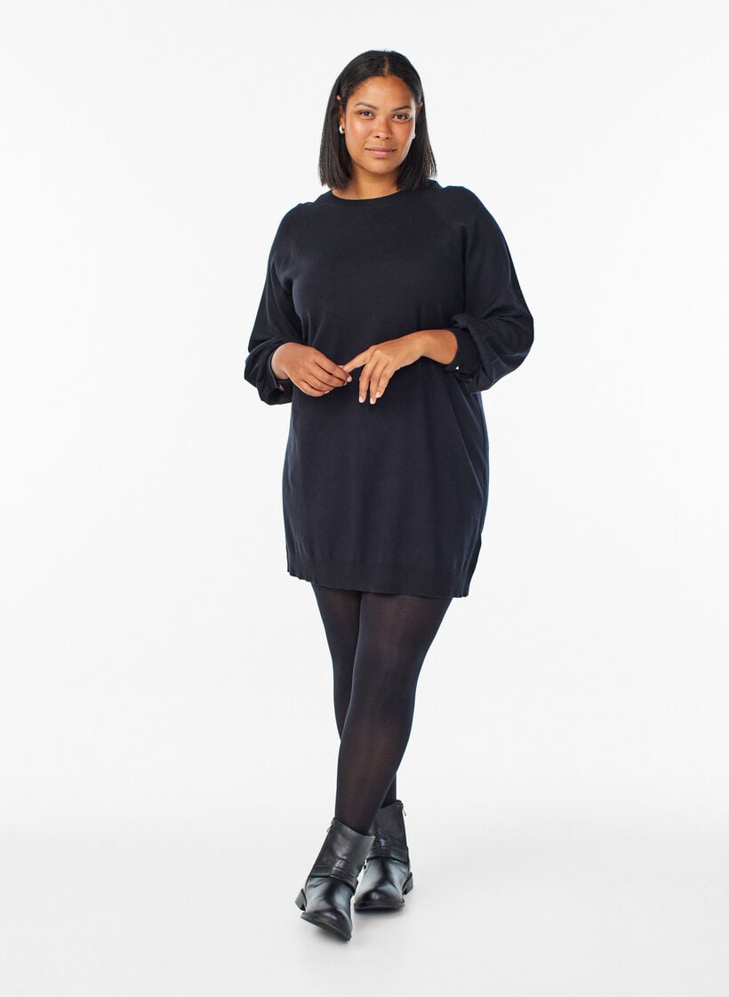Short knitted dress with raglan sleeves, Black, Model image number 1