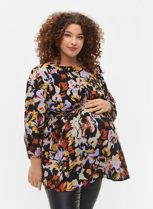 Maternity blouse in viscose and dot print, Black Flower AOP, Model image number 0