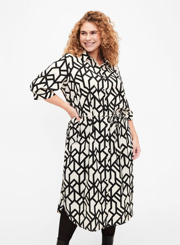 FLASH - Shirt dress with print, Birch Black Graphic, Model image number 0