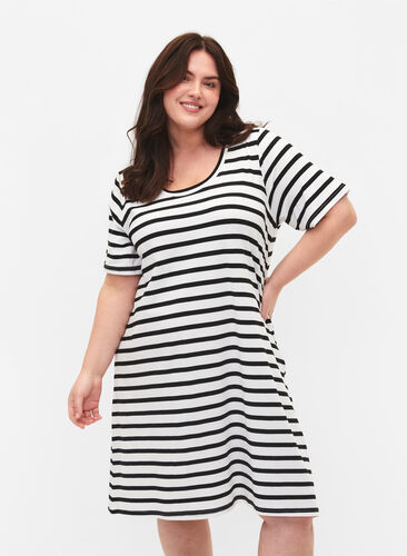 Striped jersey dress with short sleeves, Black Stripes, Model image number 0