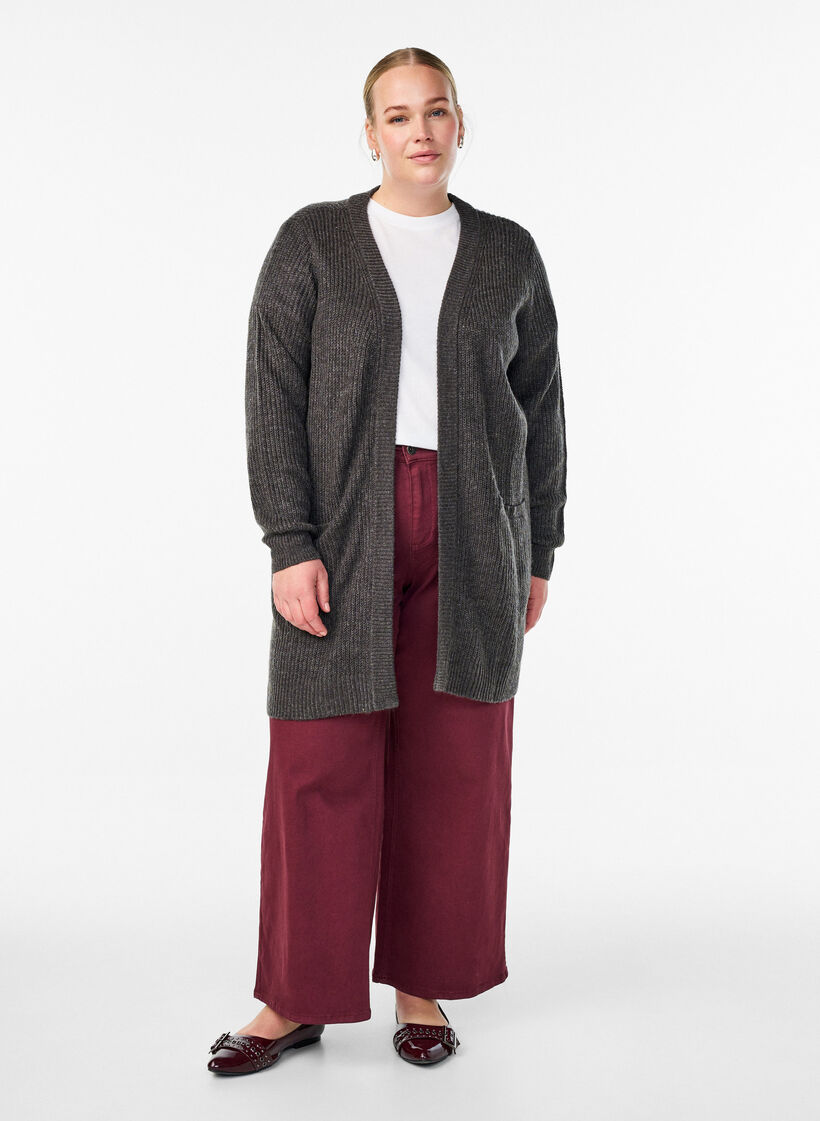 FLASH - Long rib knit cardigan with pockets, Dark Grey, Model image number 1