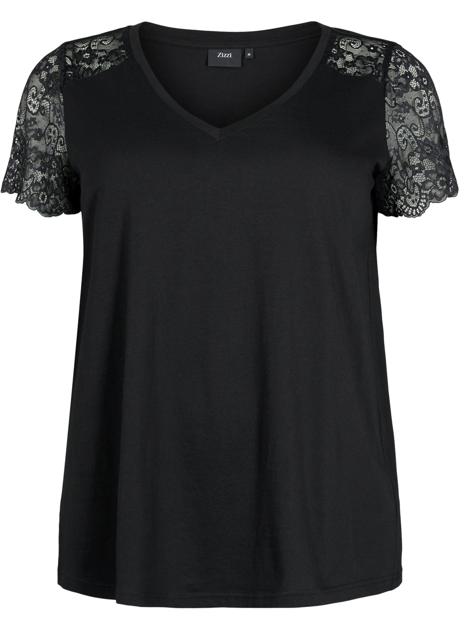 Zizzifashion Cotton T-shirt with short lace sleeves, Black, Packshot image number 0