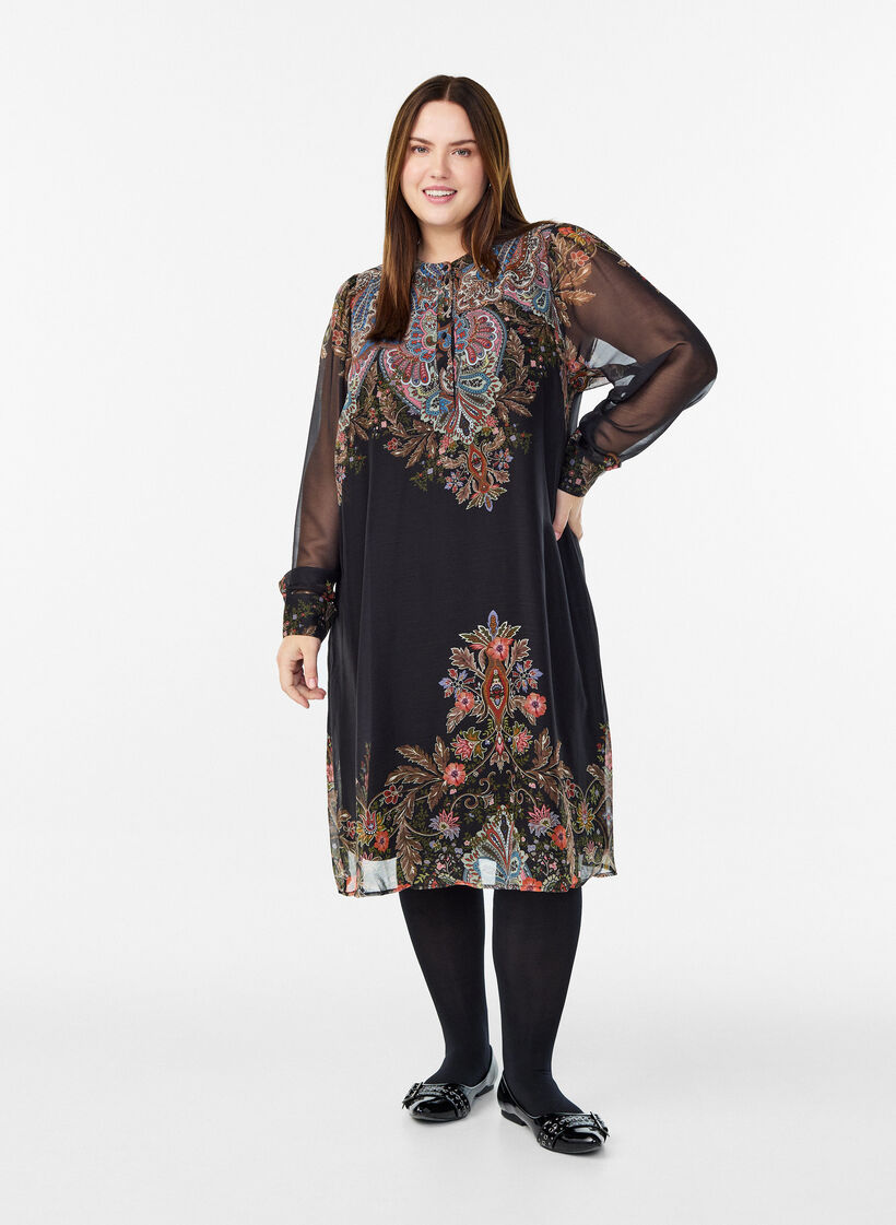 Midi dress with paisley details and long sleeves, Black, Model image number 1