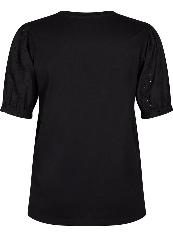 Organic cotton blouse with broderie anglaise sleeves, Black, Packshot image number 1