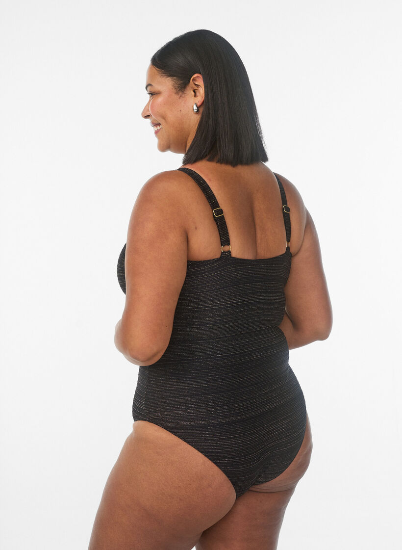 Swimsuit with textured stripe and front detail, Black, Model