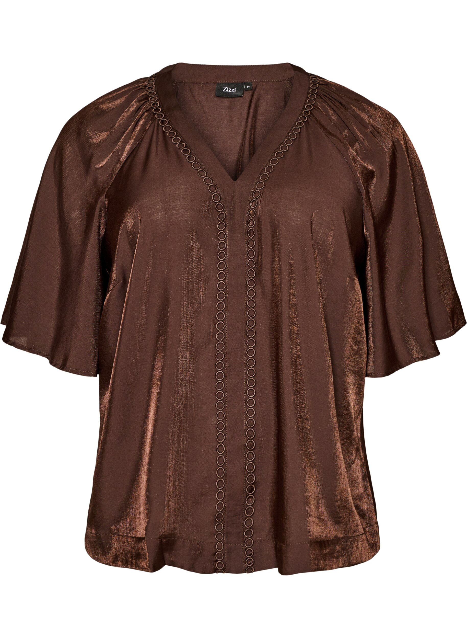 ZizzifashionViscose blouse with V-neck and decorative details, Brown, Packshot image number 0