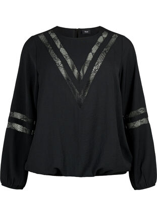 Long-sleeved blouse with lace, Black, Packshot image number 0