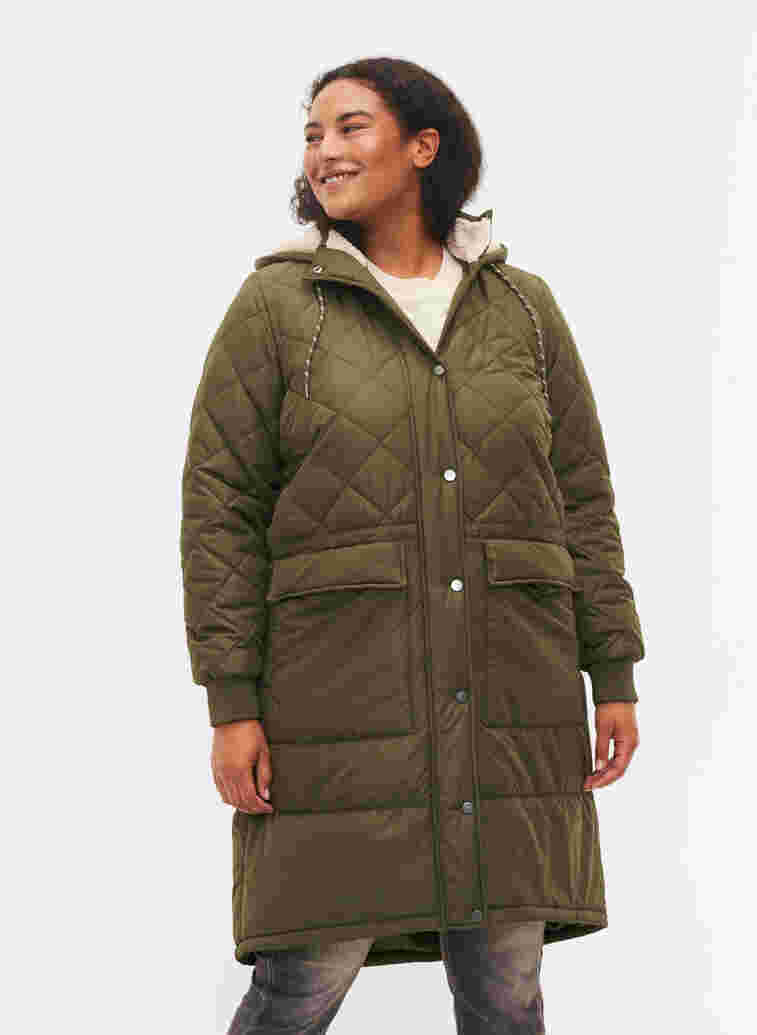 Quilted jacket with hood and adjustable waist, Forest Night, Model image number 0