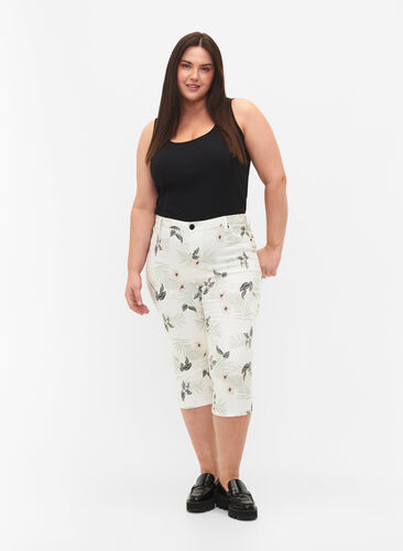 Capri jeans with floral print and high waist, White Flower AOP, Model image number 0