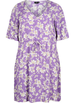Dress with 1/2 sleeves and floral print in viscose, Purple Flower AOP, Packshot image number 0