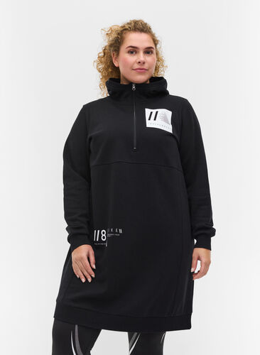 Hooded sweater dress with print, Black, Model image number 0