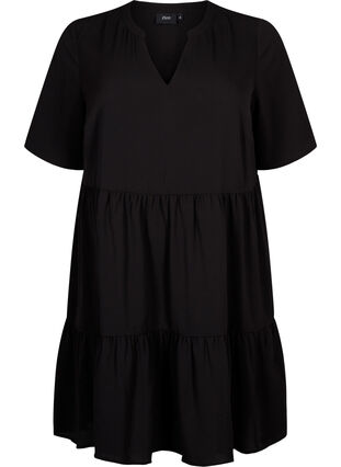 Short sleeve dress with a-line and cutlines, Black, Packshot image number 0
