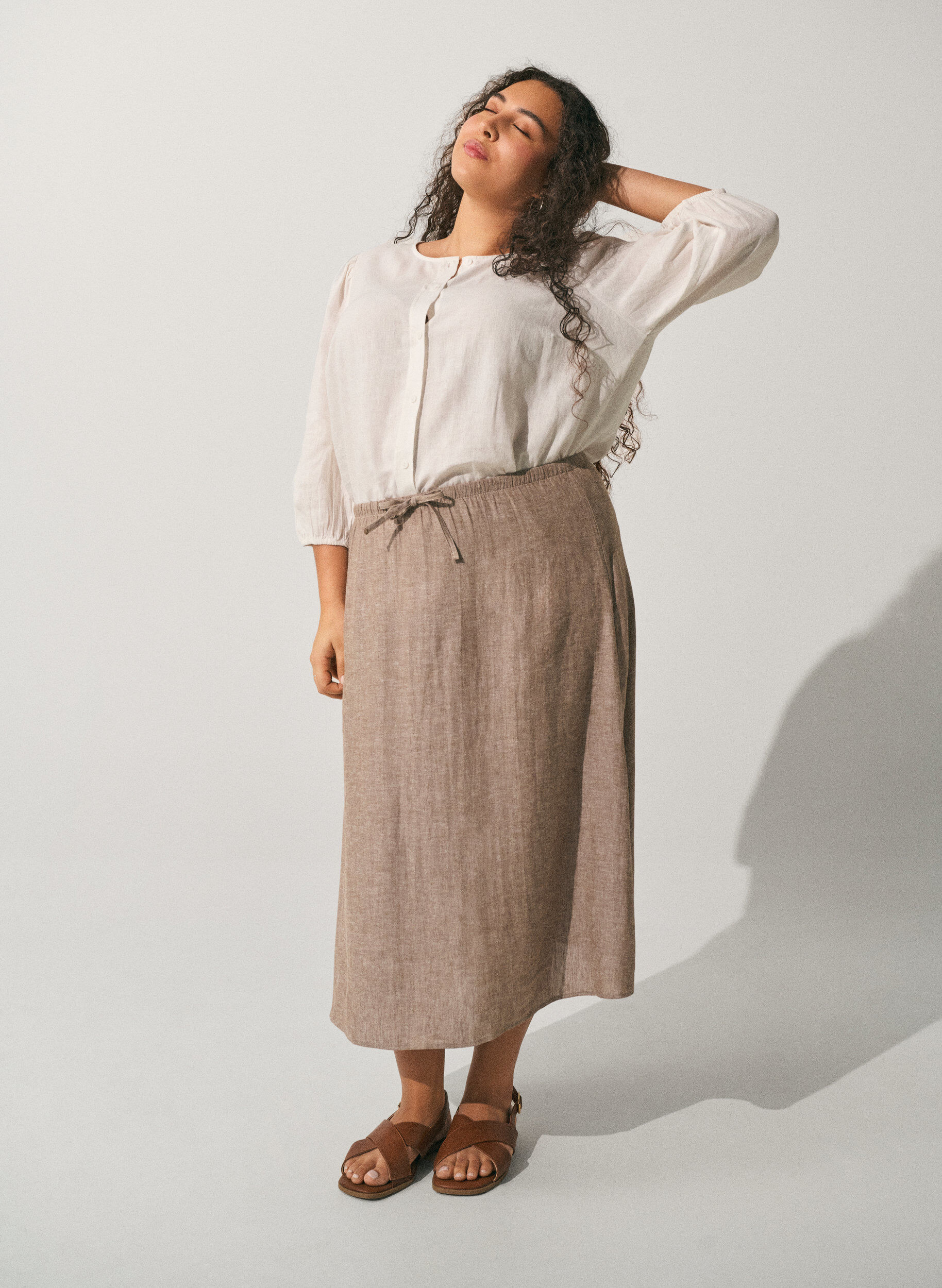 ZizzifashionA-line midi skirt in linen and viscose, Brown, Image image number 0