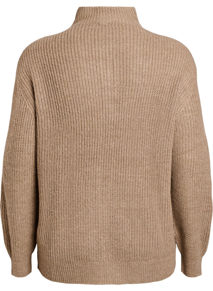 Knitted sweater with high neck and zipper, Brown, Packshot image number 1