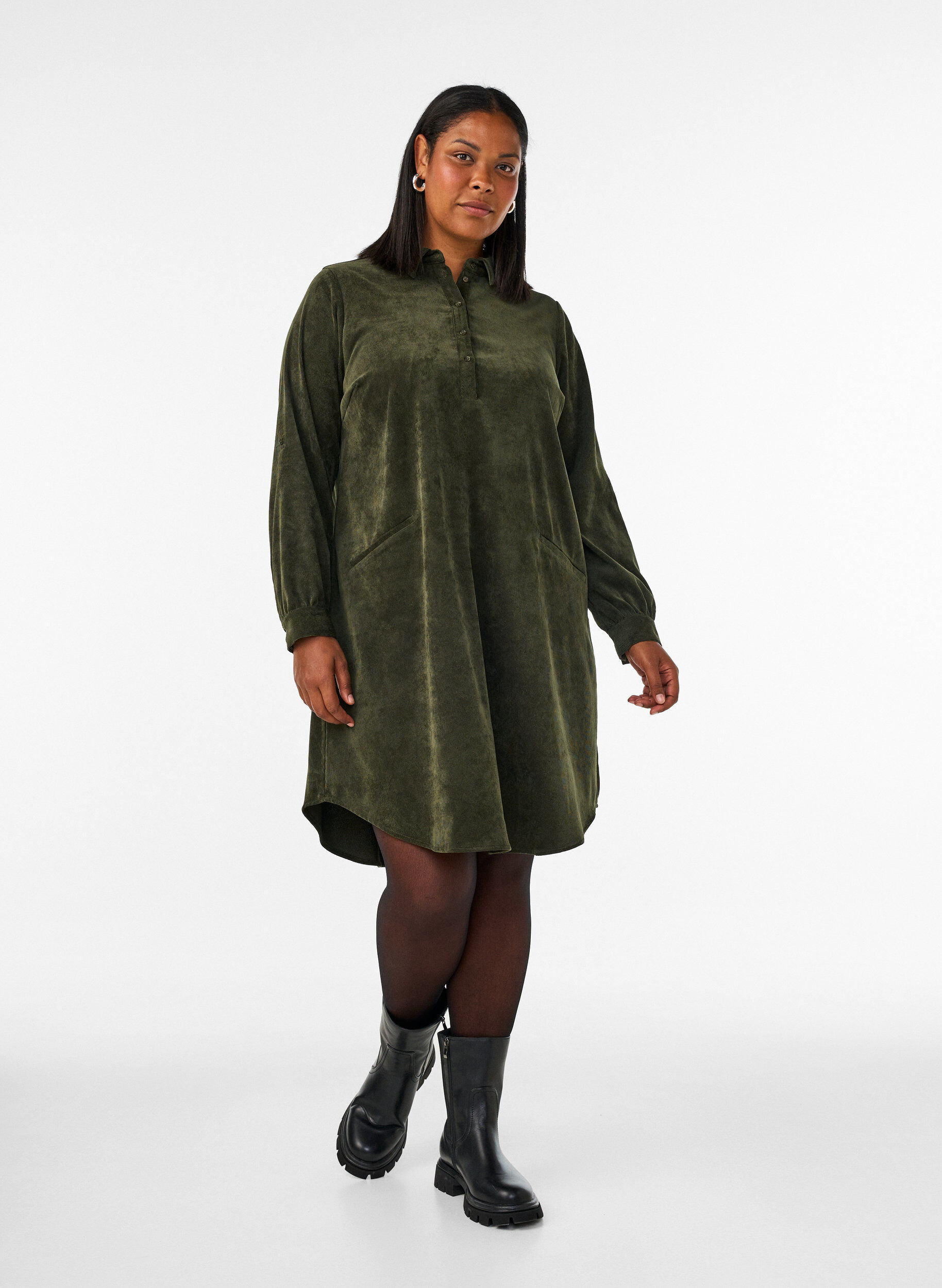 ZizzifashionCorduroy shirt dress with collar and button fastening, Green, Model image number 1