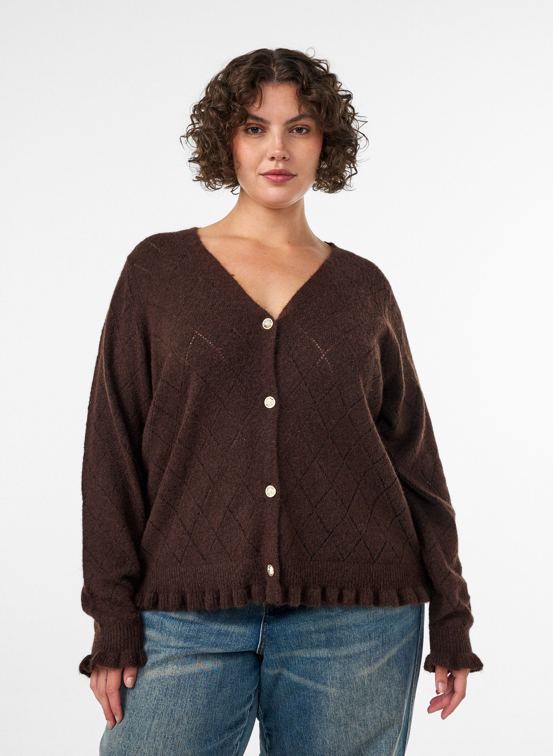 ZizzifashionCardigan with harlequin pattern and V-neck, Brown, Model image number 0