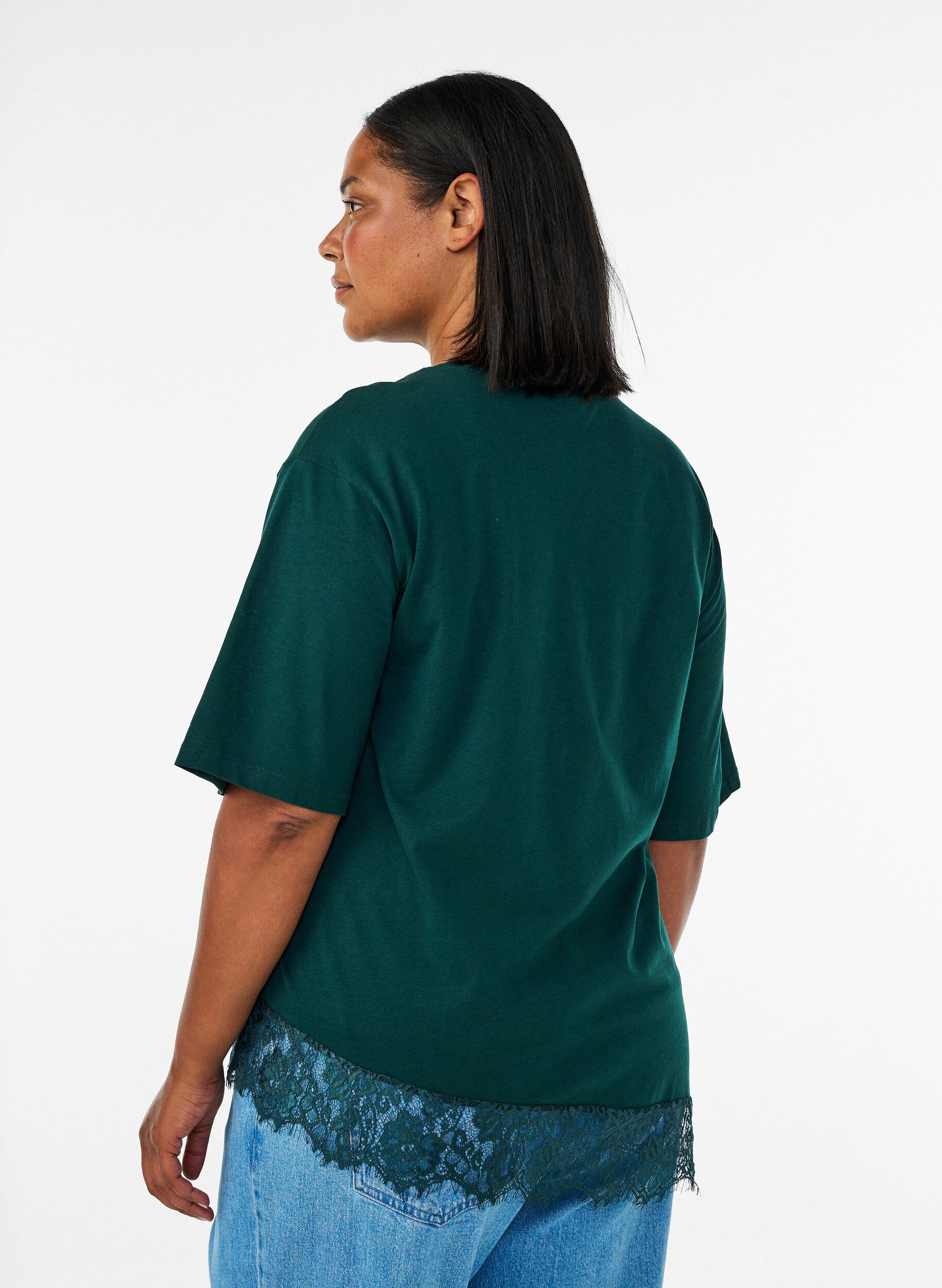 ZizzifashionT-shirt with asymmetric lace hem, Green, Model image number 2