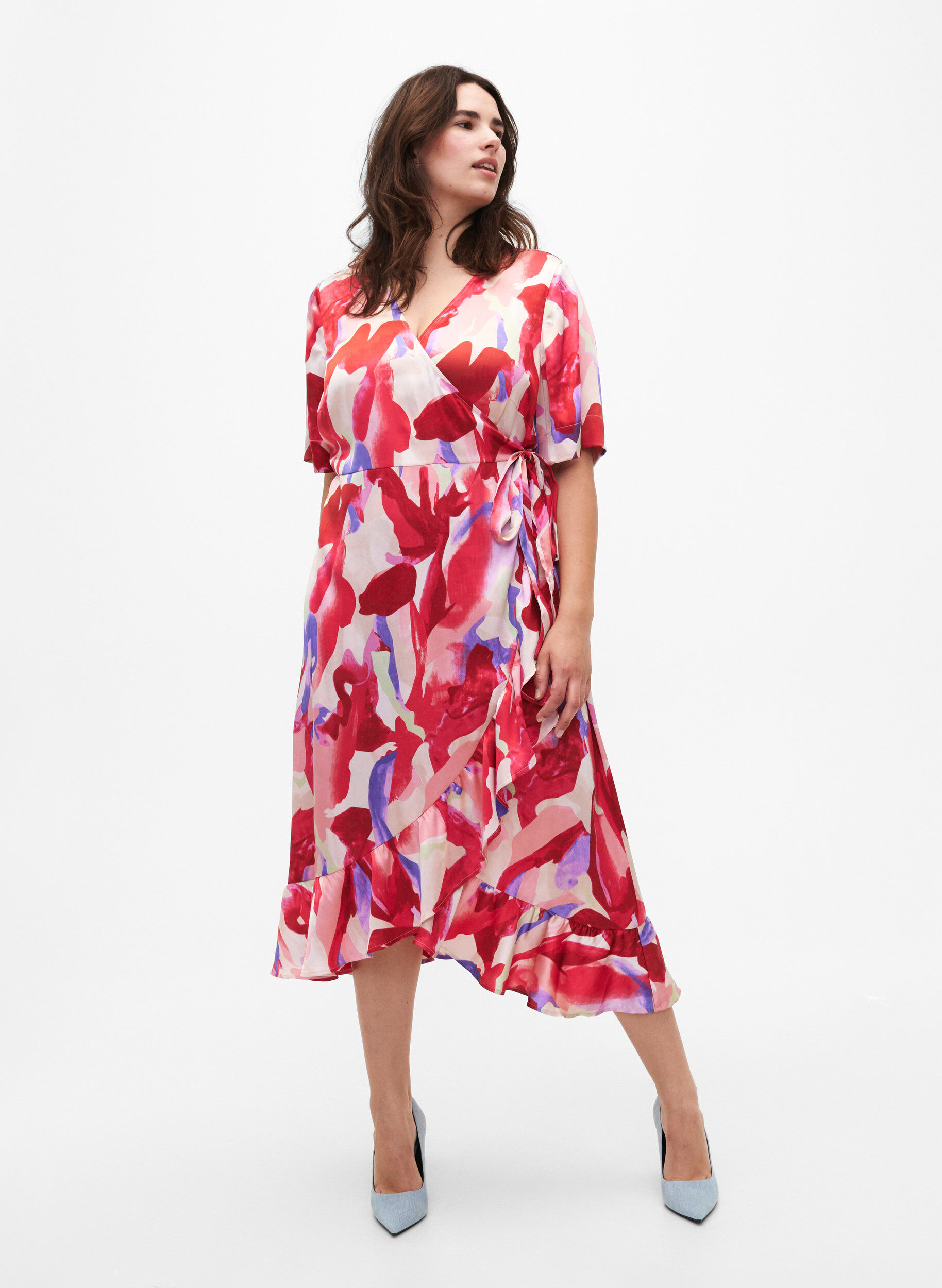 Zizzifashion Satin wrap dress with print, Geranium Graphic AOP, Model image number 0