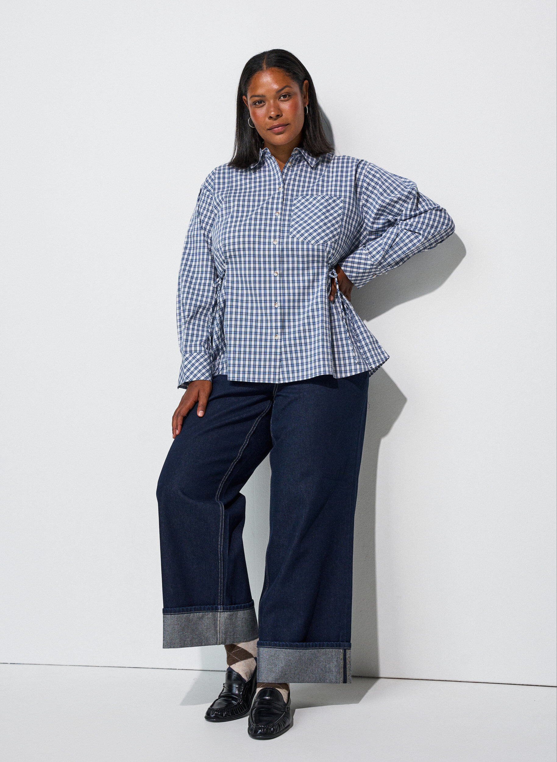 ZizzifashionLoose checked shirt with a tie-belt, Blue, Model image number 1