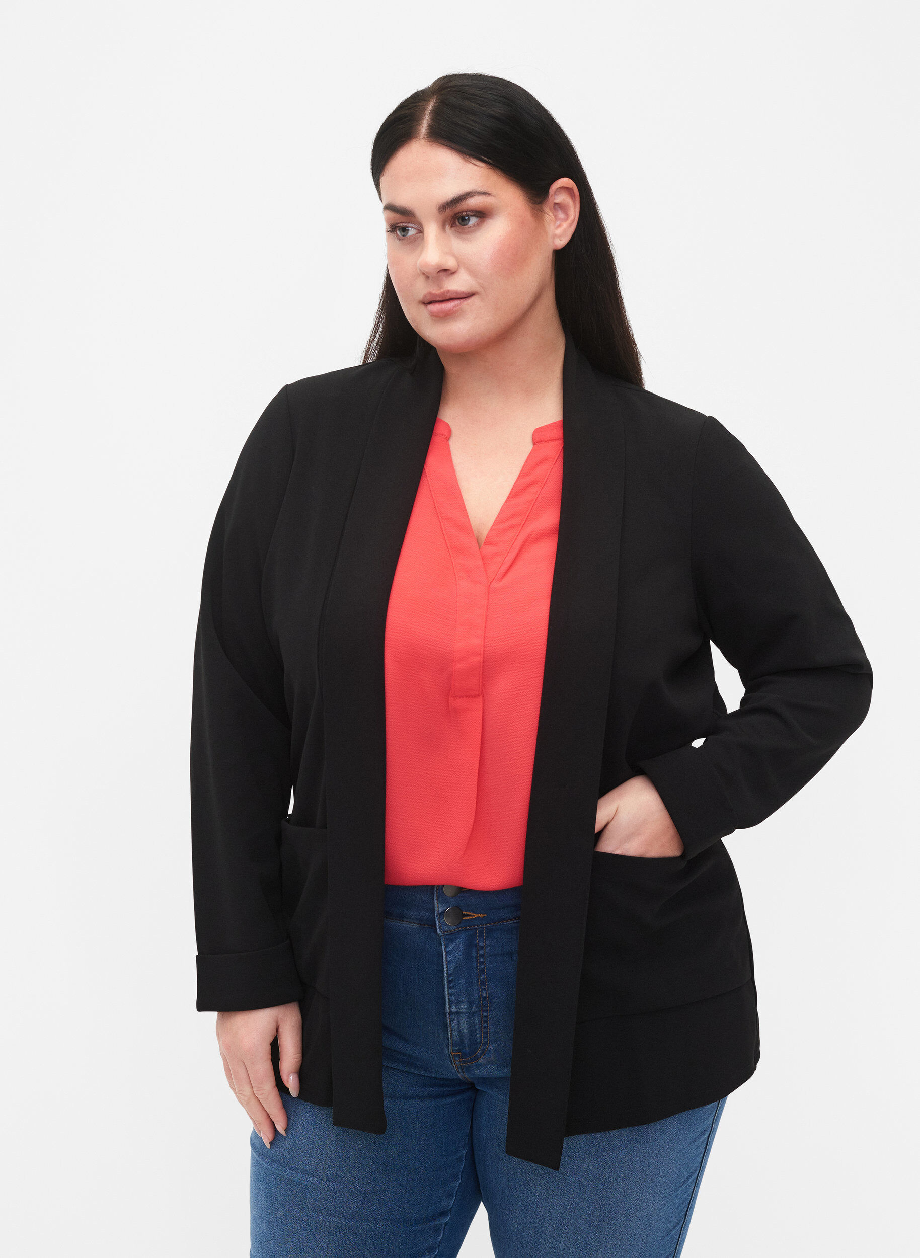 Zizzifashion Open blazer with 3/4 sleeves, Black, Model image number 0