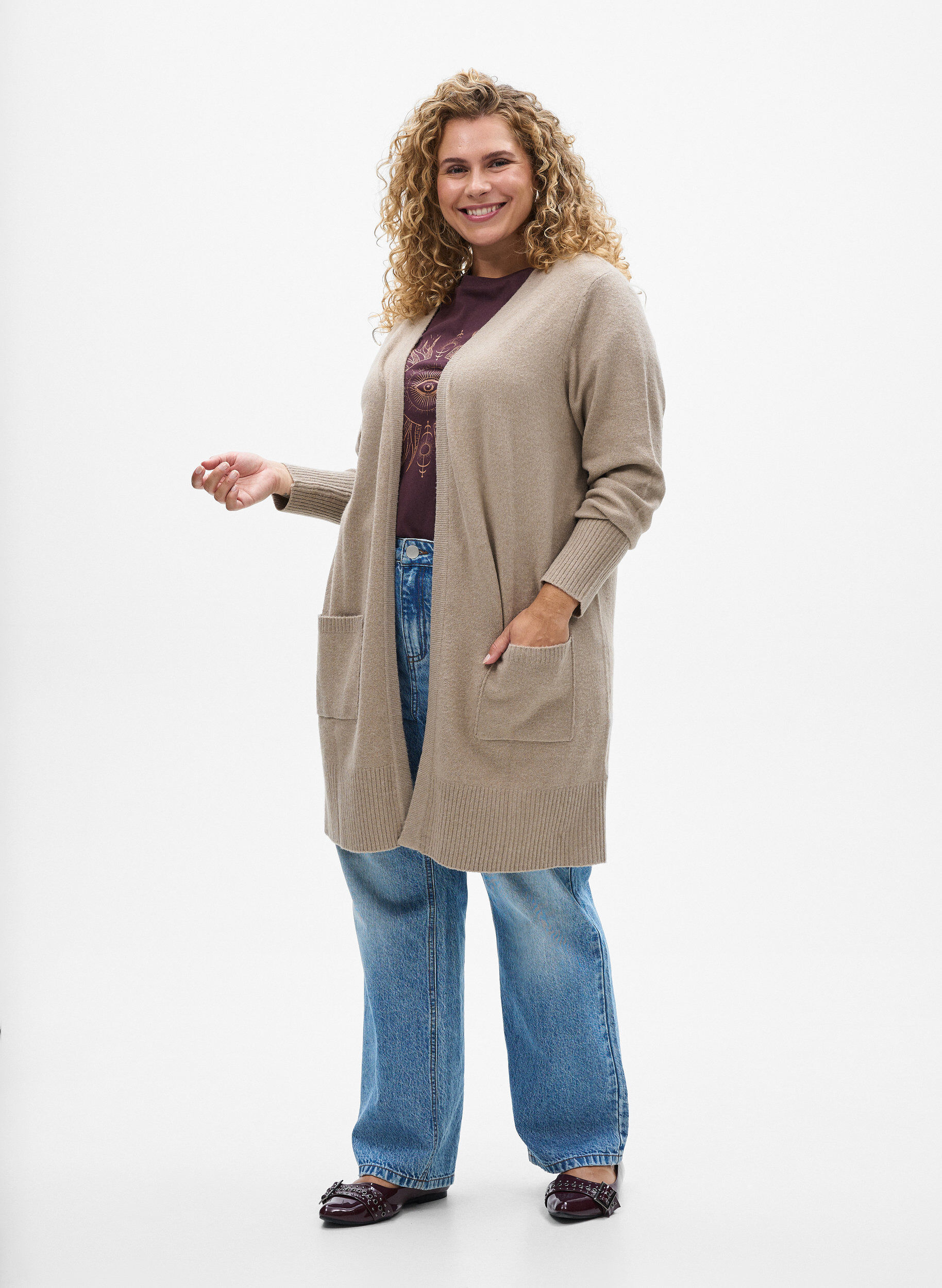 ZizzifashionRibbed Knit Cardigan with Pockets, Beige, Model image number 1