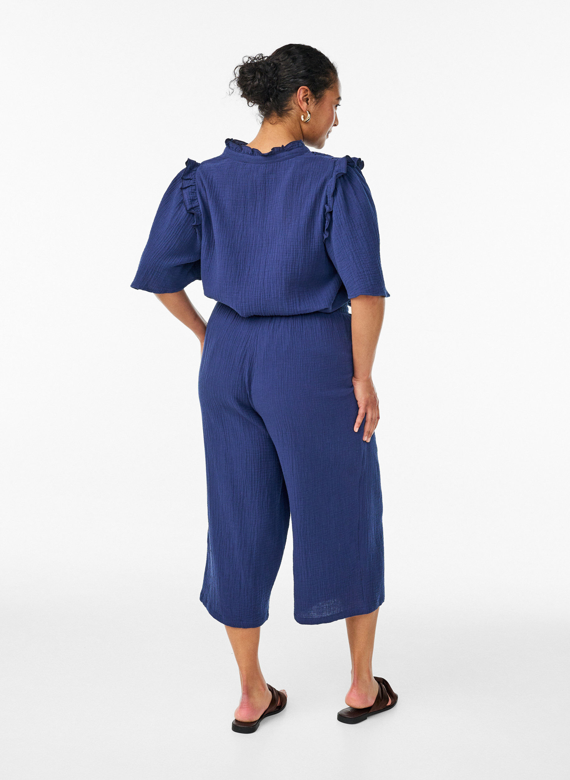 ZizzifashionCulotte trousers in cotton muslin with high waist, Blue, Model image number 1