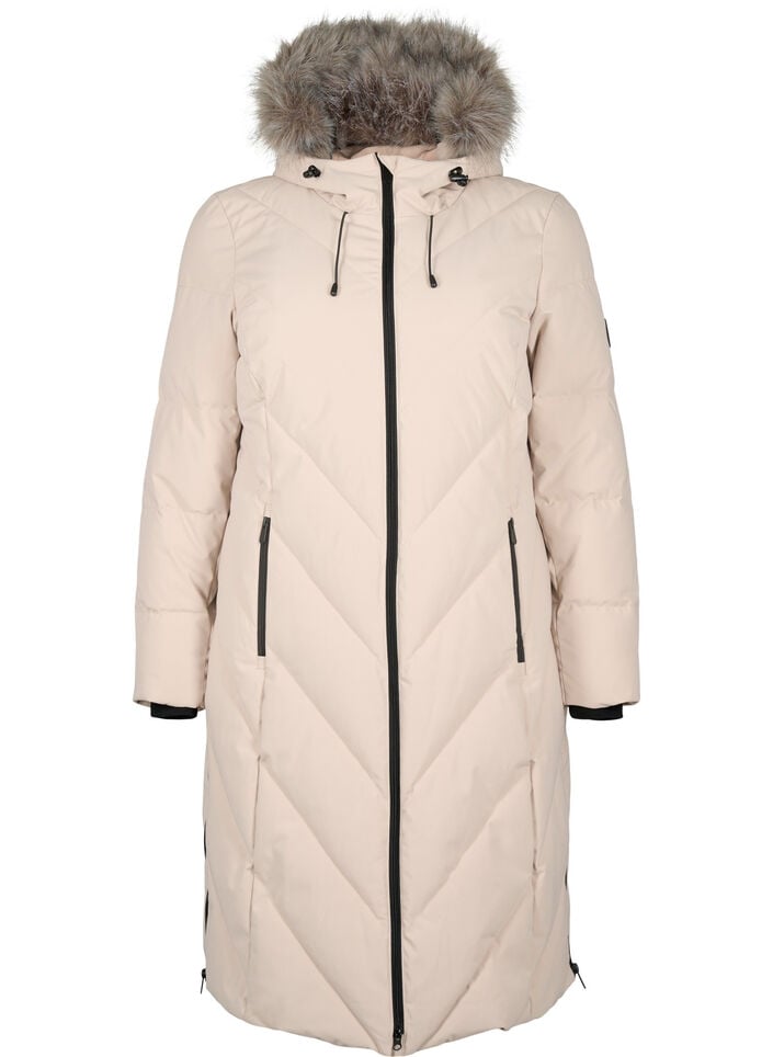 Long winter coat with hook fastenings and a faux fur collar, Beige, Packshot image number 0