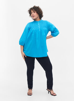 Cotton blouse with 3/4 sleeves and smock, Dresden Blue, Model image number 2