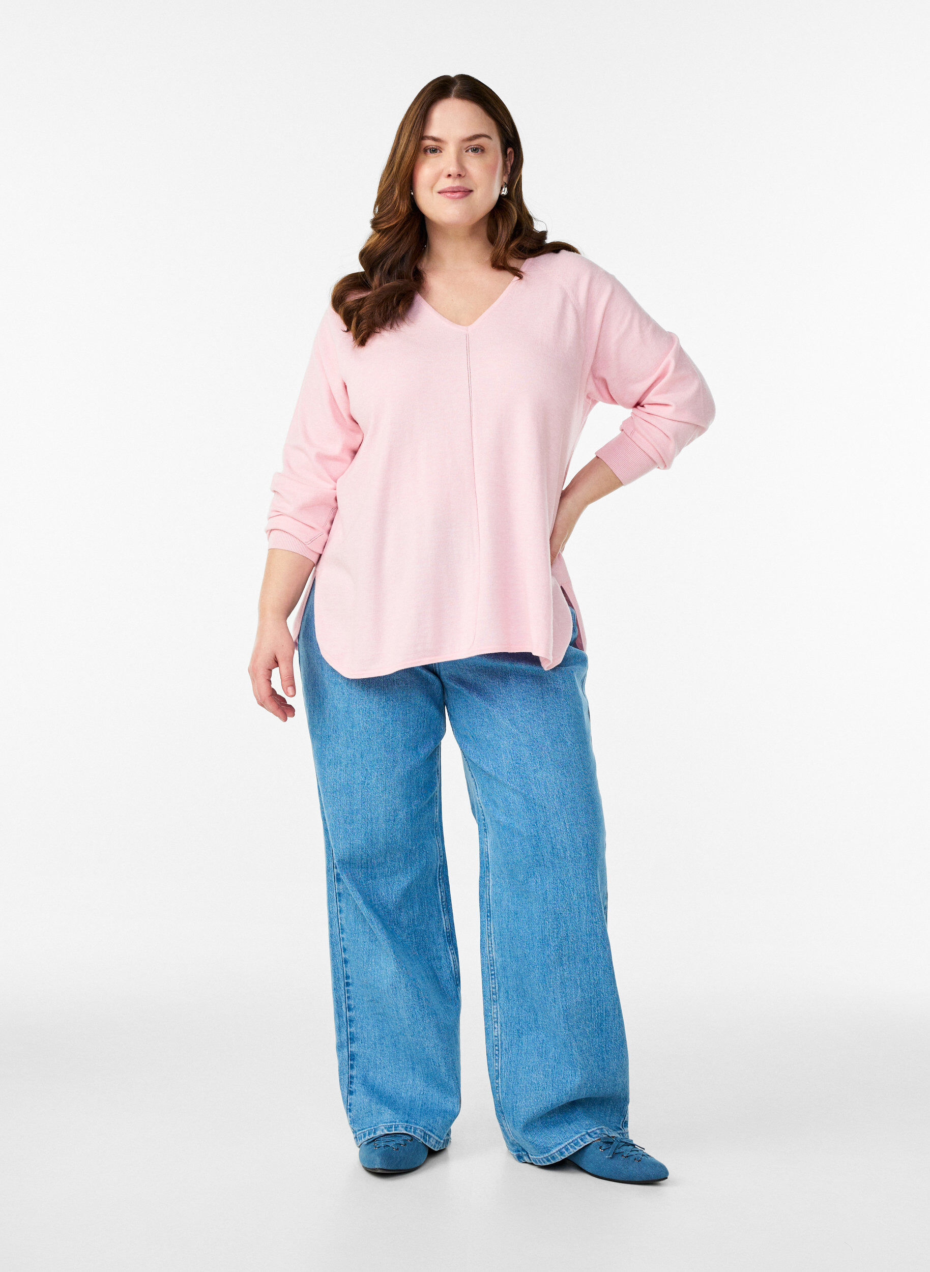 Zizzifashion Fine-knit blouse with v-neck and front detail, Pink, Model image number 1