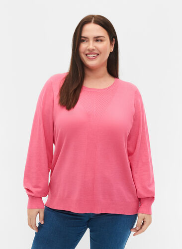 Plain coloured knitted jumper with rib details, Hot Pink Mel., Model image number 0