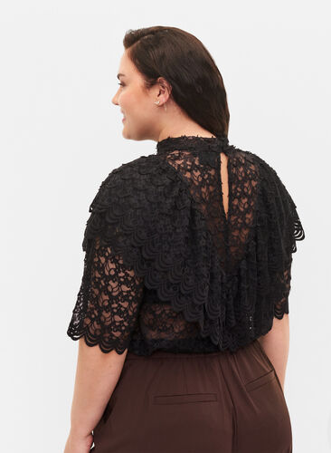 Lace top with ruffles and 2/4 sleeves, Black, Model image number 1