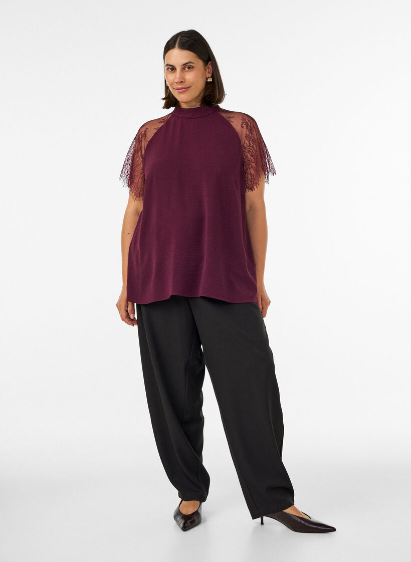 Blouse with short lace sleeves and high neck, Red, Model image number 1
