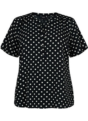 Blouse with short sleeves and v-neck, Black w. Dots, Packshot image number 0