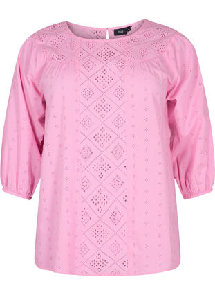Blouse with embroidery anglaise and 3/4 sleeves, Rosebloom, Packshot image number 0