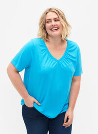 Melange t-shirt with elasticated edge, Blue Atoll Mél, Model