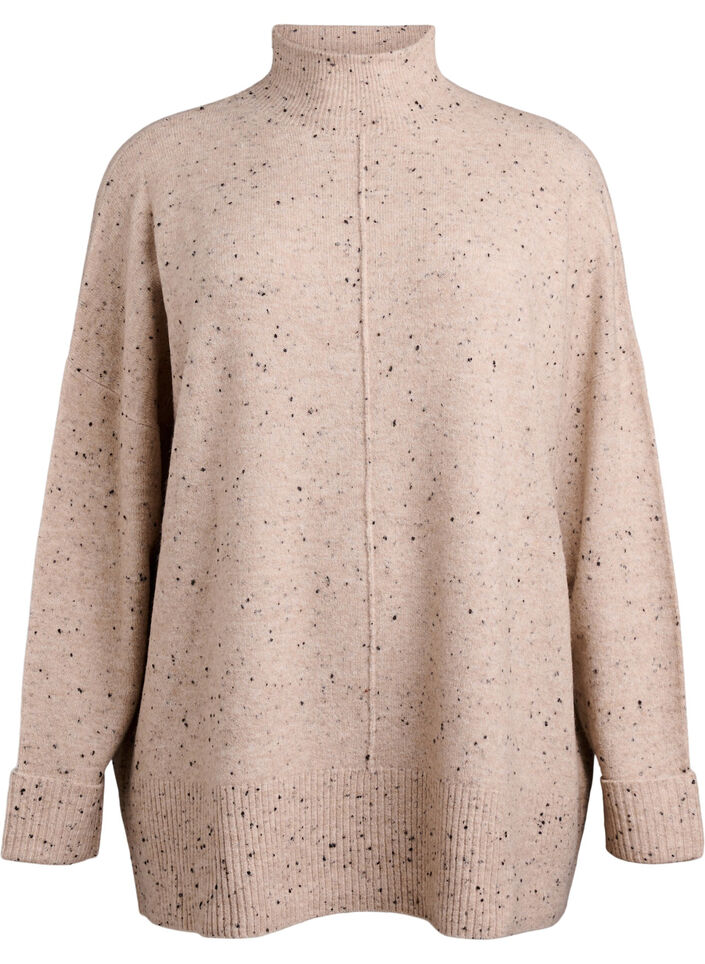 Knit sweater with high neck and dotted pattern, Beige, Packshot image number 0