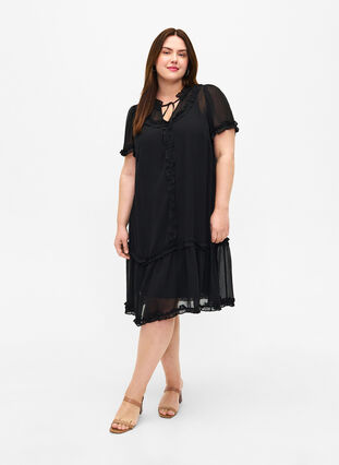 Chiffon dress with A-cut and ruffle details, Black, Model image number 2