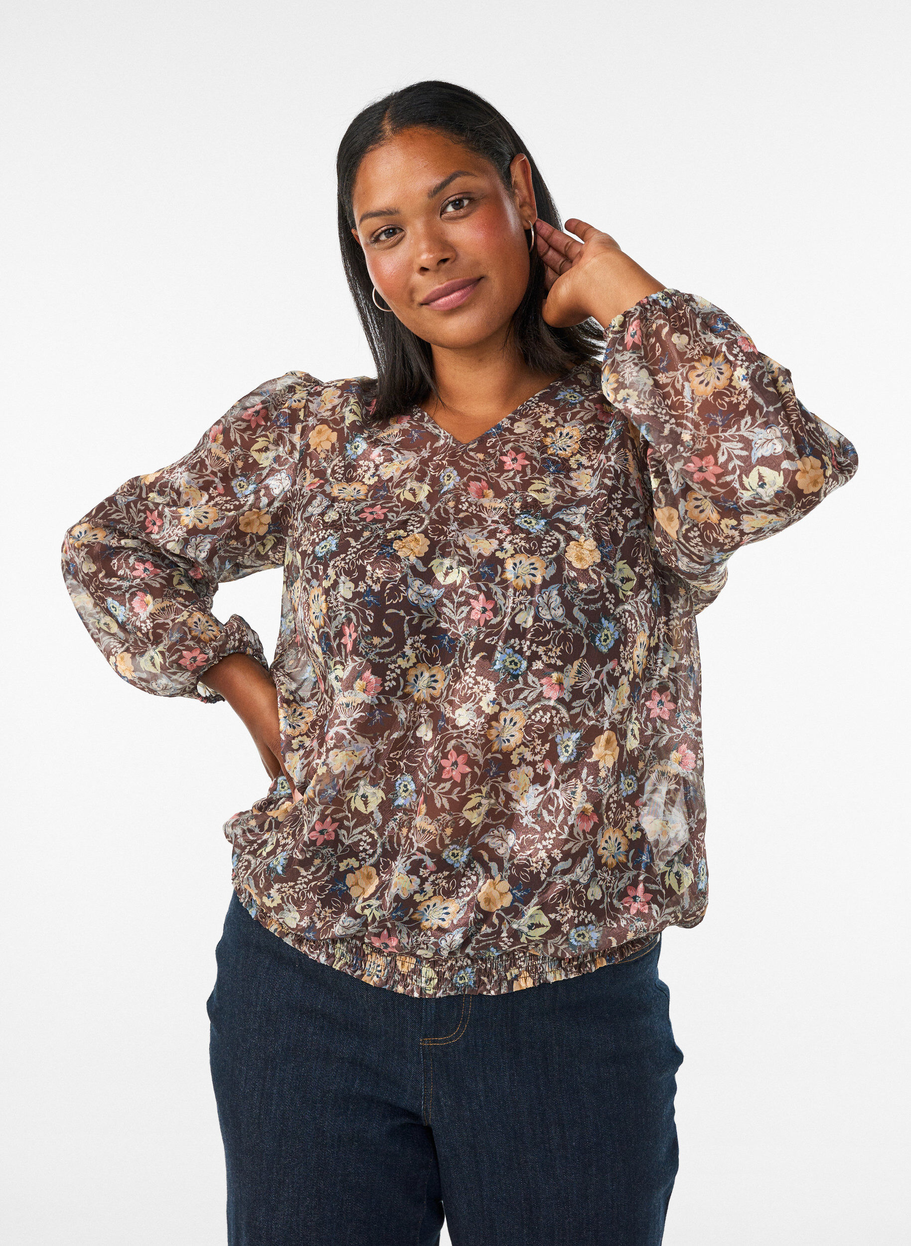 ZizzifashionBlouse with floral print and balloon sleeves, Brown, Model image number 0