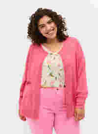 Ribbed cardigan with button closure, Hot Pink, Model