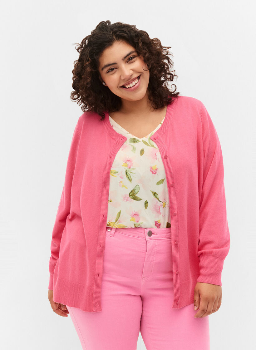 Ribbed cardigan with button closure, Hot Pink, Model image number 0