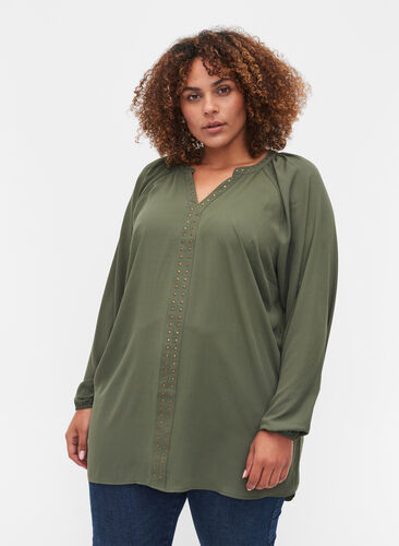 Long-sleeved v-neck blouse with studs, Thyme, Model image number 0