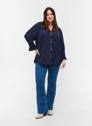 Viscose blouse with button fastening and 3/4-length sleeves, Navy Blazer, Model image number 2