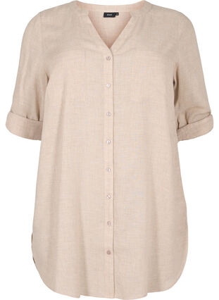 Long shirt with 3/4 sleeves and v-neckline, Simply Taupe, Packshot image number 0