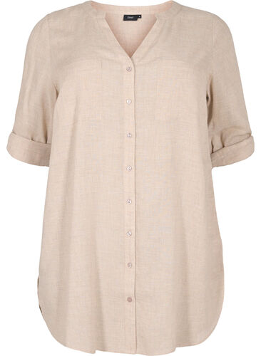Long shirt with 3/4 sleeves and v-neckline, Simply Taupe, Packshot image number 0