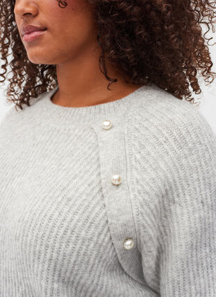 Melange knit sweater with pearl buttons, Light Grey Melange, Model image number 2
