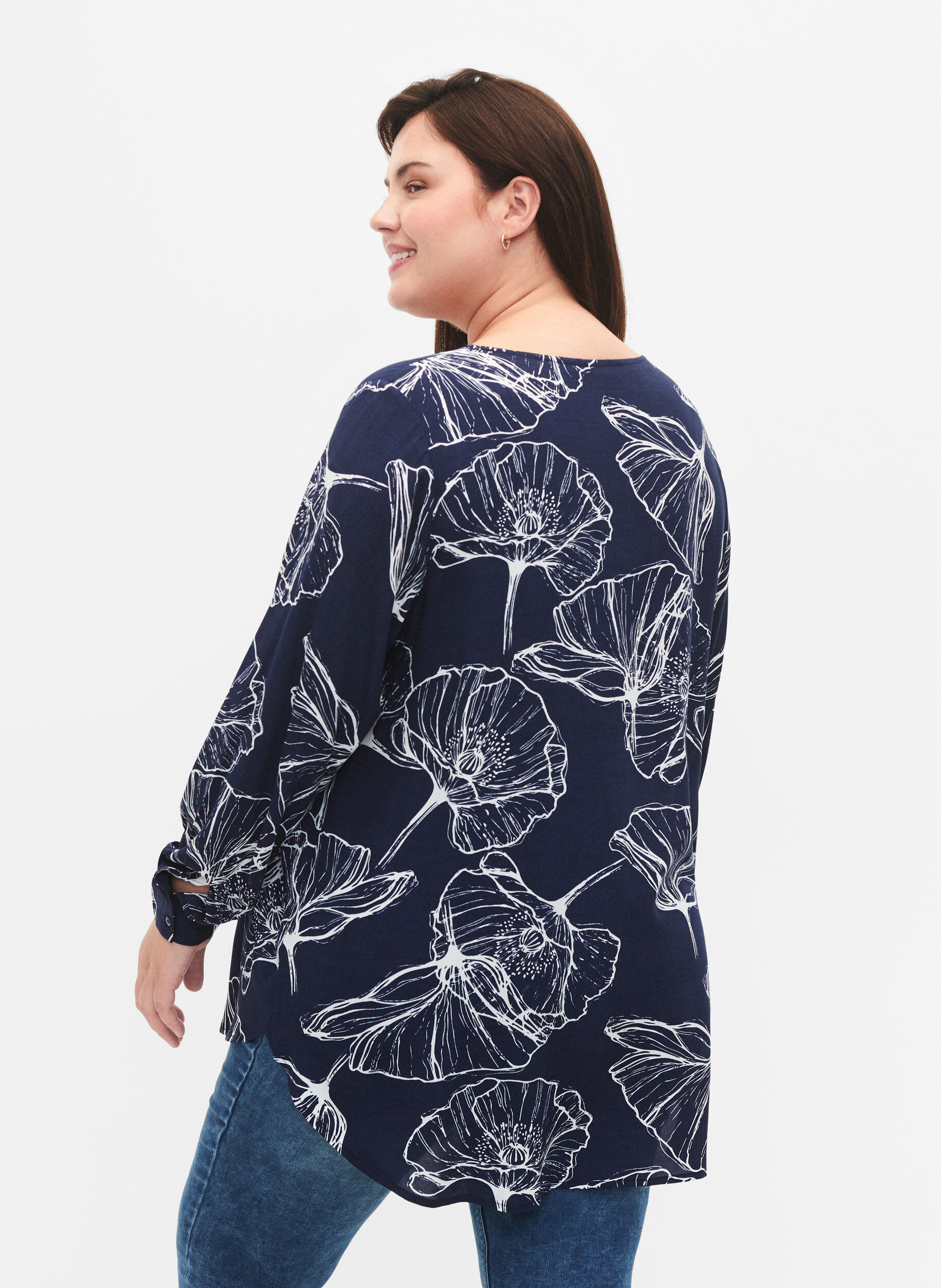 Zizzifashion Floral print viscose shirt with long sleeves, Navy B./Big Fl.AOP, Model image number 1