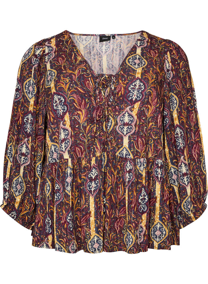Blouse with paisley print and lace detail, Purple, Packshot image number 0