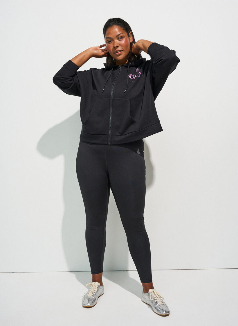 Hoodie with zipper and chest print, Black, Model image number 1